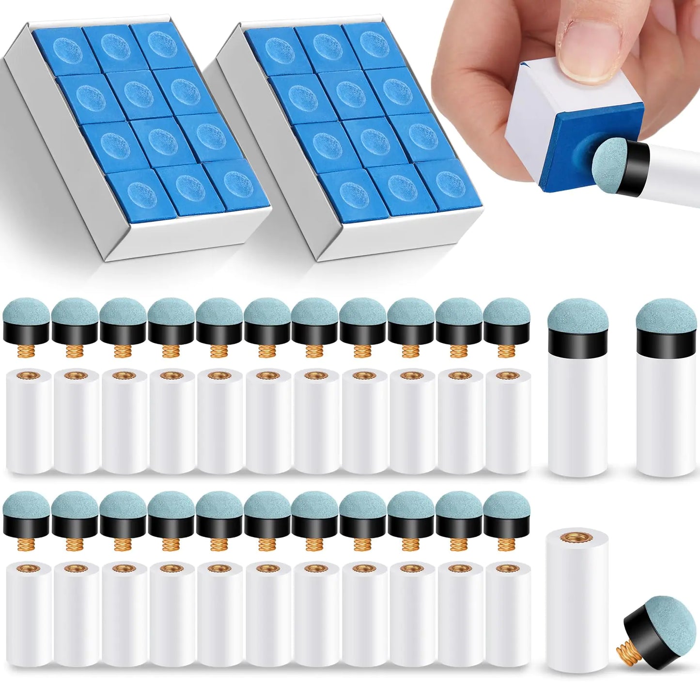 Junkin 24 Pool Cue Chalks and 24 Billiard Cue Tips Replacement Kit with Ferrules Blue Billiard Chalk Pool Stick Accessories for Table Pool Chalk Cubes Screw on Billiard Cue Tip for Home Tournament Use