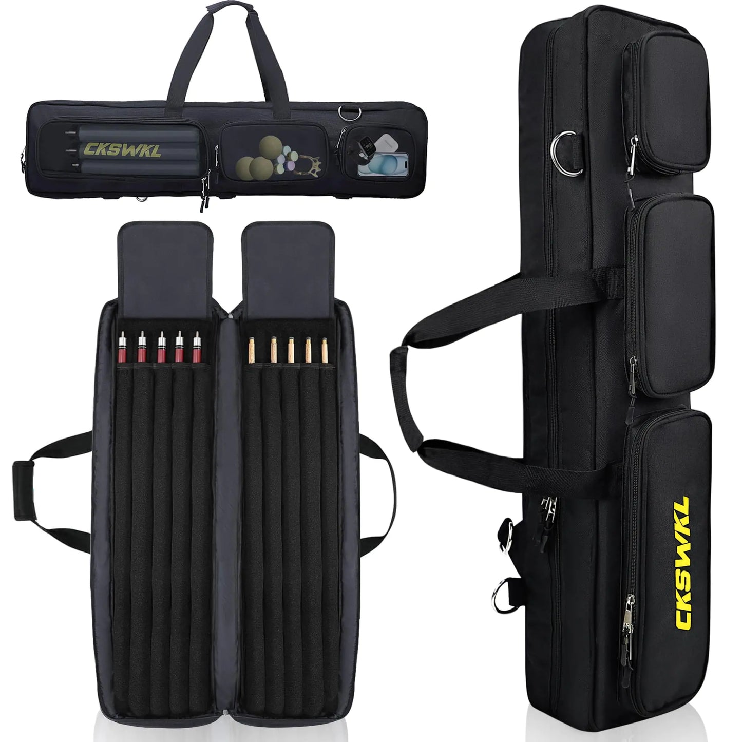 Pool Cue Case 5x5Pool Stick Case with Large Capacity Pool Cue Bag with Multi-Pocket Portability and Hidden Shoulder Strap Billiard Stick Carrying Case Holds 5 Shafts and 5 Butts