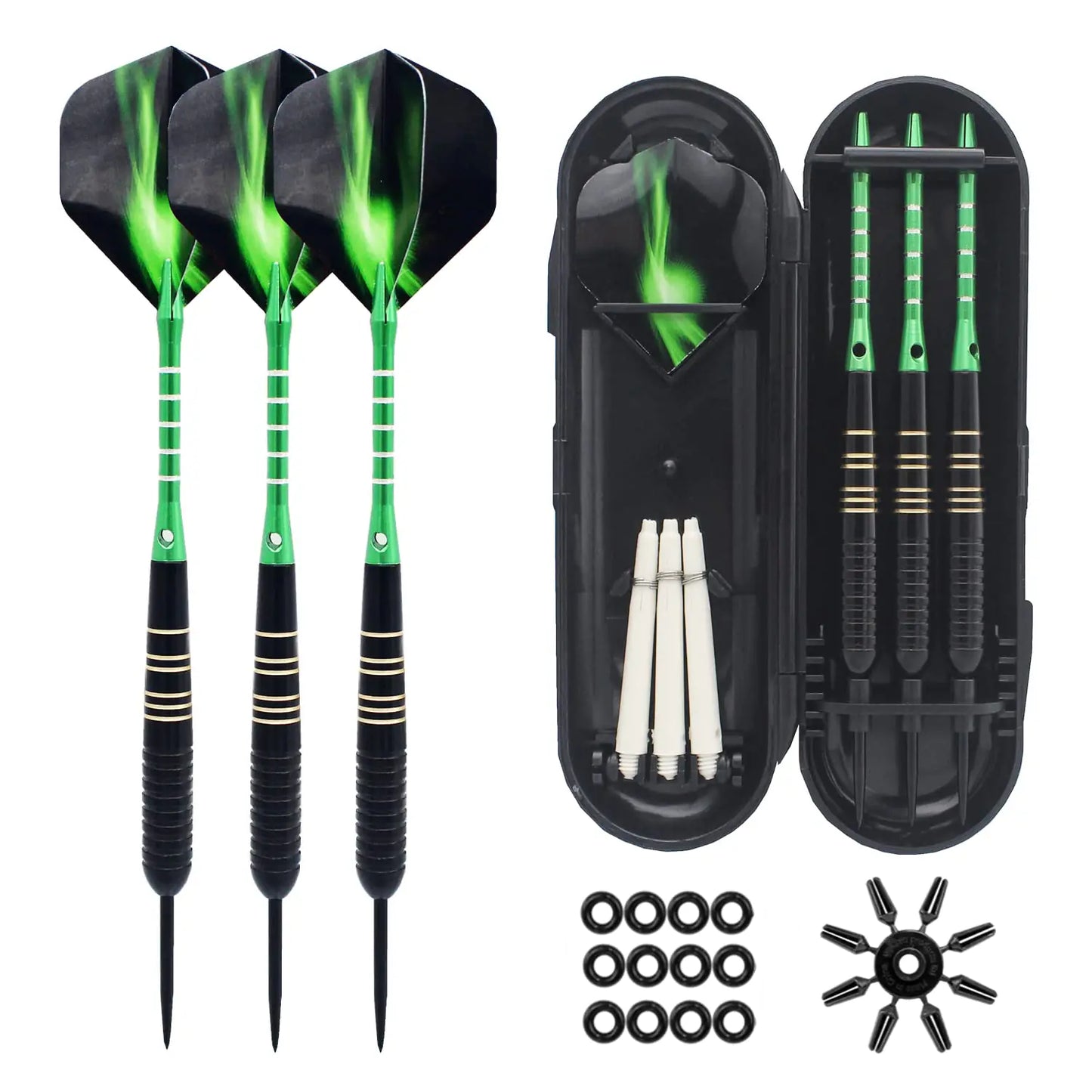 ROOBEEO Steel Tip Darts 3 Pack 23 Grams Professional Darts Metal Tip Set with Brass Barrel Aluminum Shafts Extra 3 PVC Dart Shafts 8 Flight Protectors 12 Rubber O-Rings Dart Storage Case (Green)