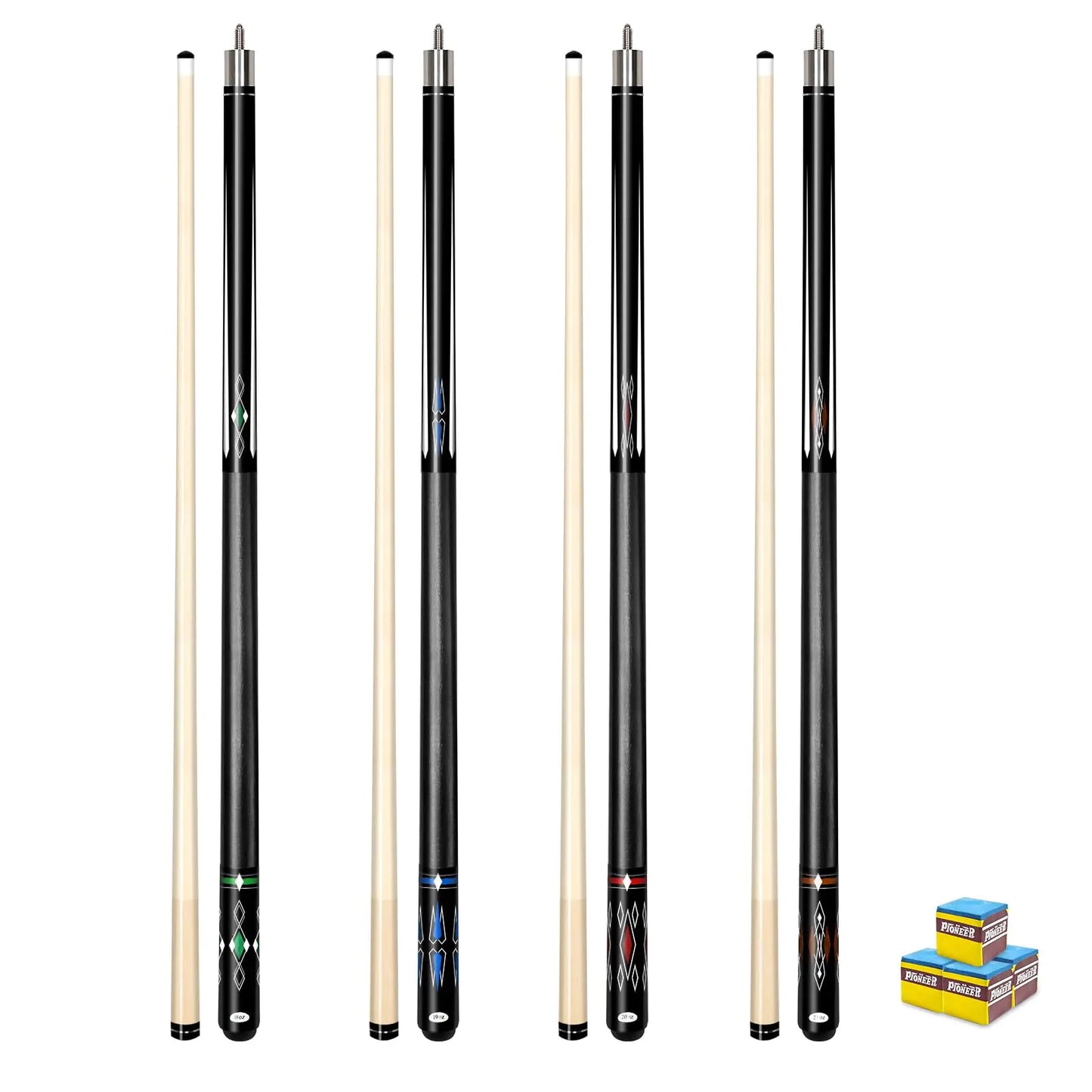 FESHIR Pool Stick Set of 4 Pool Cues Sticks Made of Premium Maple Wood Includes 4 Extra Billiard Chalk for Pool Cues 58" Billiard House Bar Pool Cue Sticks for Professional Billiard Players