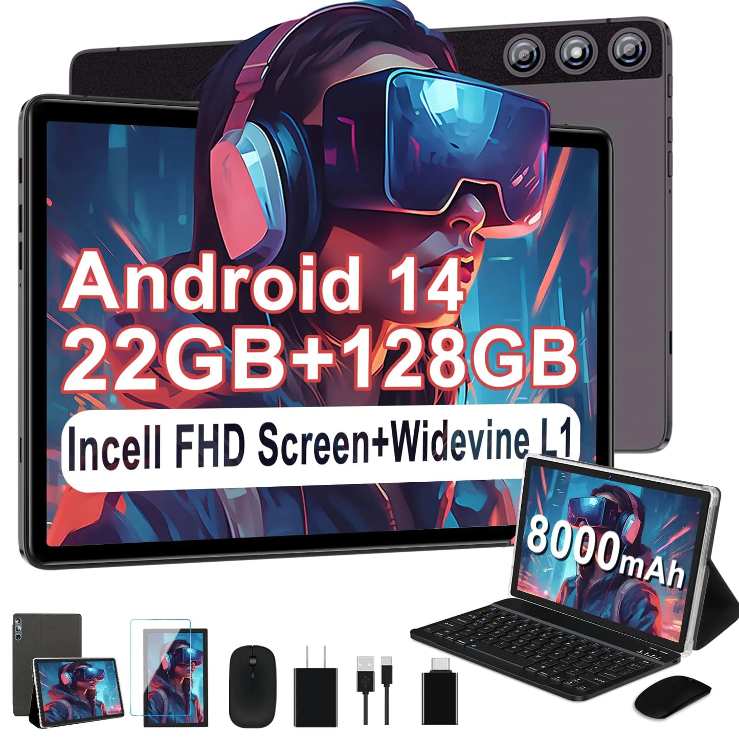 DMOAO Tablet Android Tablet 2024 Tablets with 22GB RAM+128GB ROM/ 1TB Expand 8000mAh Battery Octa-Core 2.0GHz CPU 5G WiFi GPS 10.1 Inch FHD IPS 2 in 1 Tablet PC with Keyboard/Mouse-Gray