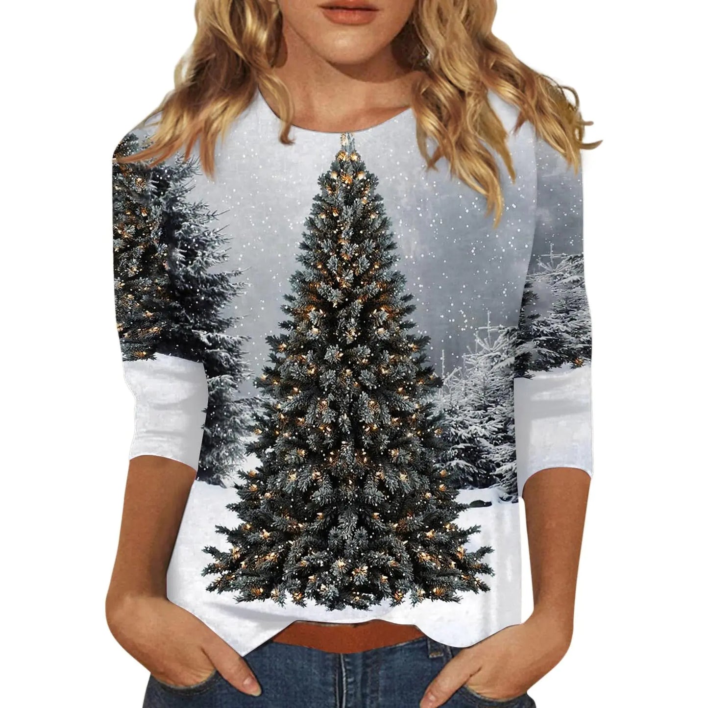 Christmas Shirts for Women 3/4 Sleeve Christmas T Shirts Party Tops Cute Xmas Printed Plus Size Trendy Pullover Top Christmas Costumes Gifts