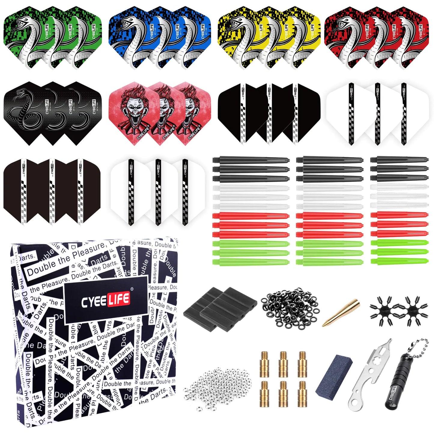 CyeeLife 180 Piece Darts Custom Fit Pack Set Includes Flights Shafts Rubber O-Rings Flight Protecter and Accessories
