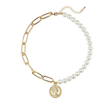 Vintage Coin Pearl Cross Layered Choker Necklace