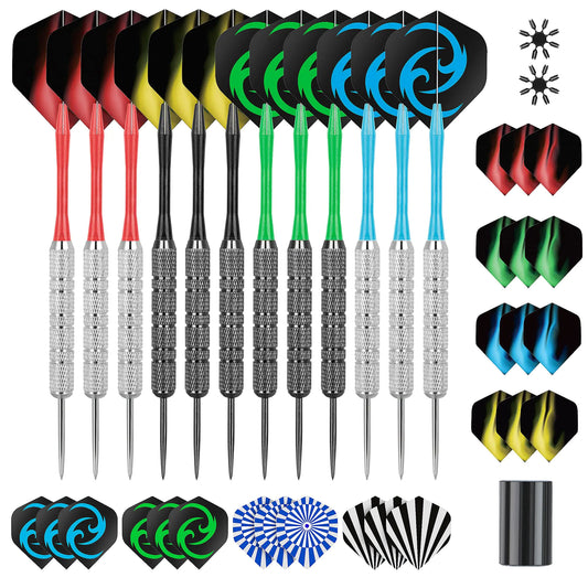 CareGames Steel Tip Darts Professional Metal Darts12pcs 18 Gram Darts Metal Tip Set with 12 Shafts24 Extra Flights2 Flight Protectors and Dart SharpenerMetal Darts for Dartboard
