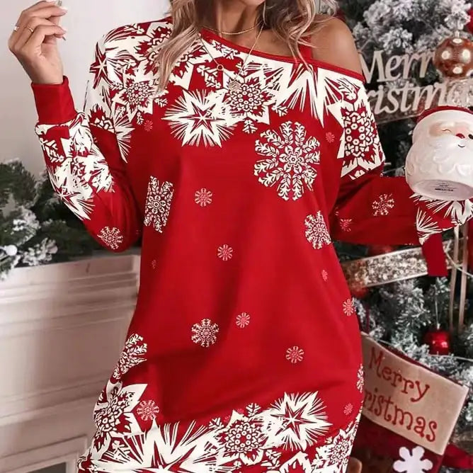 Christmas Snowflake Print Long Sleeve Dress for Women