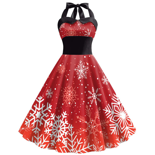 Women's High Waist Dress with Christmas Snowflake Print