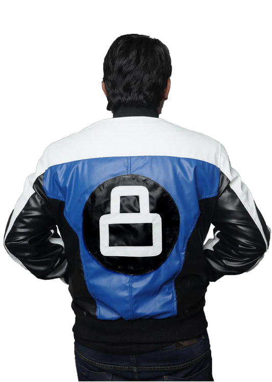 EASTIFIED Mens 8 Ball Pool Billiard Bomber Lightweight Casual Stylish Fashion 80s 90s Retro Zip Up Faux Leather Jacket (XX-Large Blue Black White)