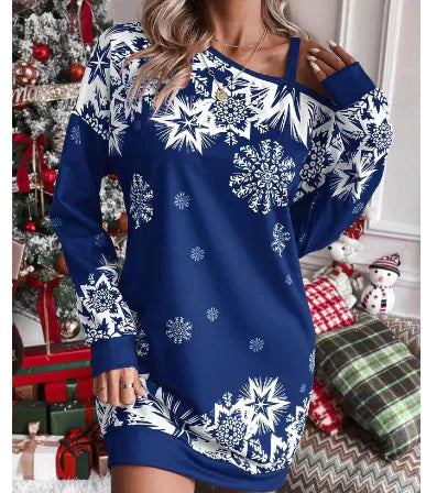 Christmas Snowflake Print Long Sleeve Dress for Women