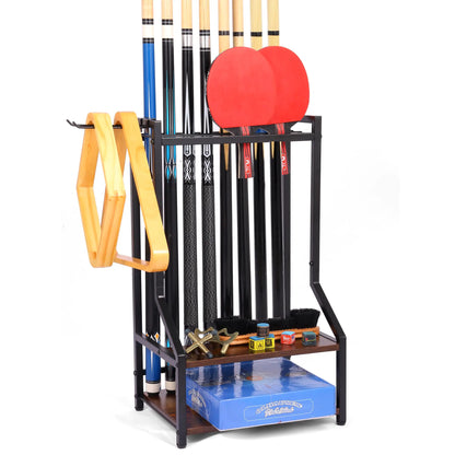 EnigmaSoul Floor Pool Cue Rack Holds 24 Cue Sticks & Pool Table Accessories Pool Stick Holder with Ping Pong Storage Wooden Floor Stand Pool Cue Holder for Game Room Billiard Club or Man Cave