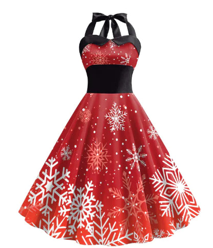 Women's High Waist Dress with Christmas Snowflake Print