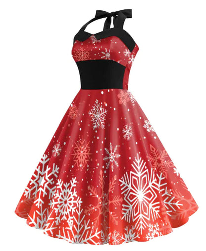 Women's High Waist Dress with Christmas Snowflake Print
