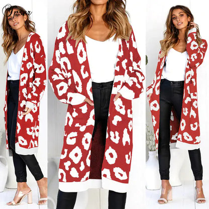 Leopard Print Long Cardigan for Women - Holiday Sweater