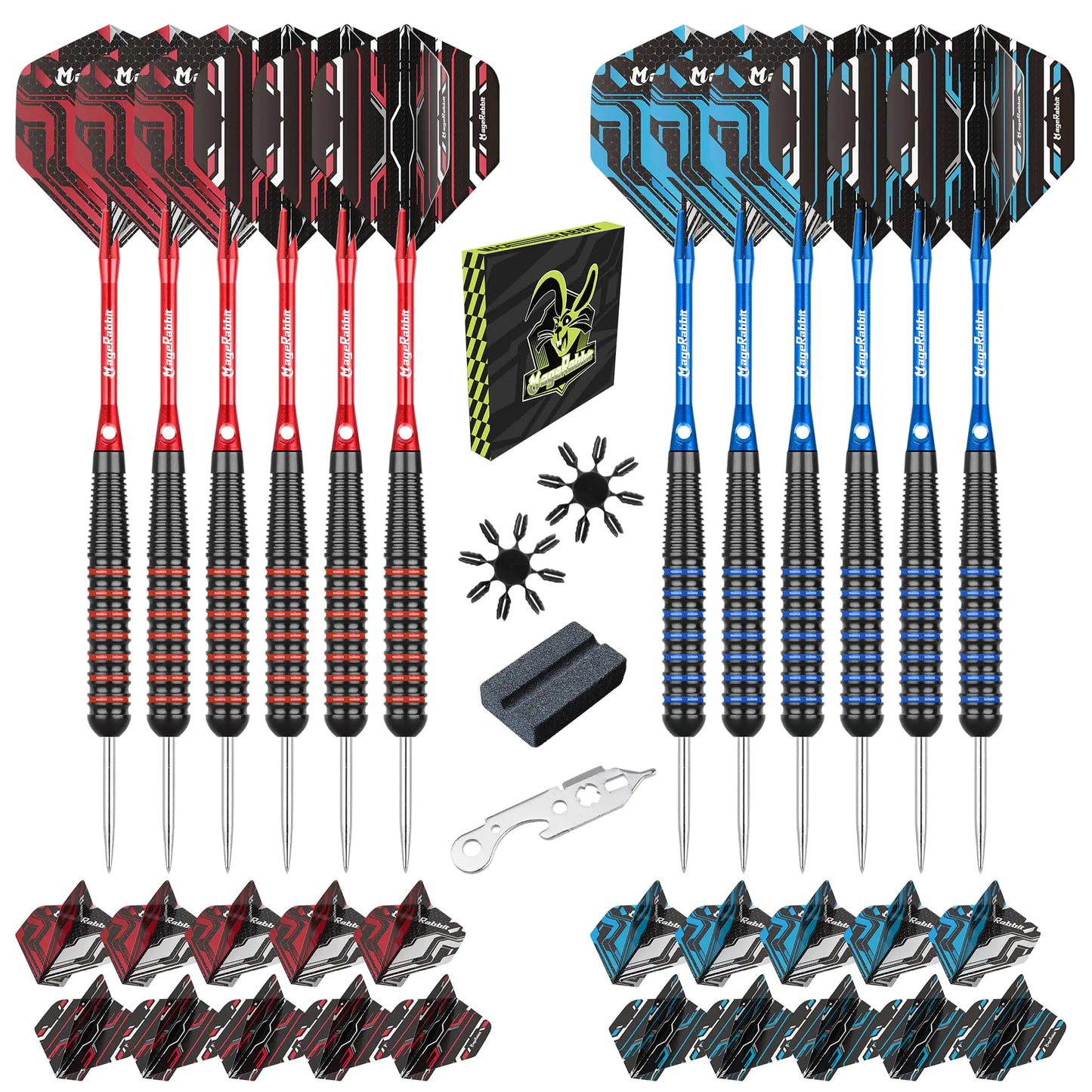 MageRabbit 12 Pack Darts Metal Tip Set 20 Grams Steel Tip Darts for Dartboard with Aluminum Shafts Extra 50 Rubber O-Rings 16 Flights Flights Protector 1 Tool Kit Blue and Red