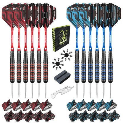 MageRabbit 12 Pack Darts Metal Tip Set 20 Grams Steel Tip Darts for Dartboard with Aluminum Shafts Extra 50 Rubber O-Rings 16 Flights Flights Protector 1 Tool Kit Blue and Red