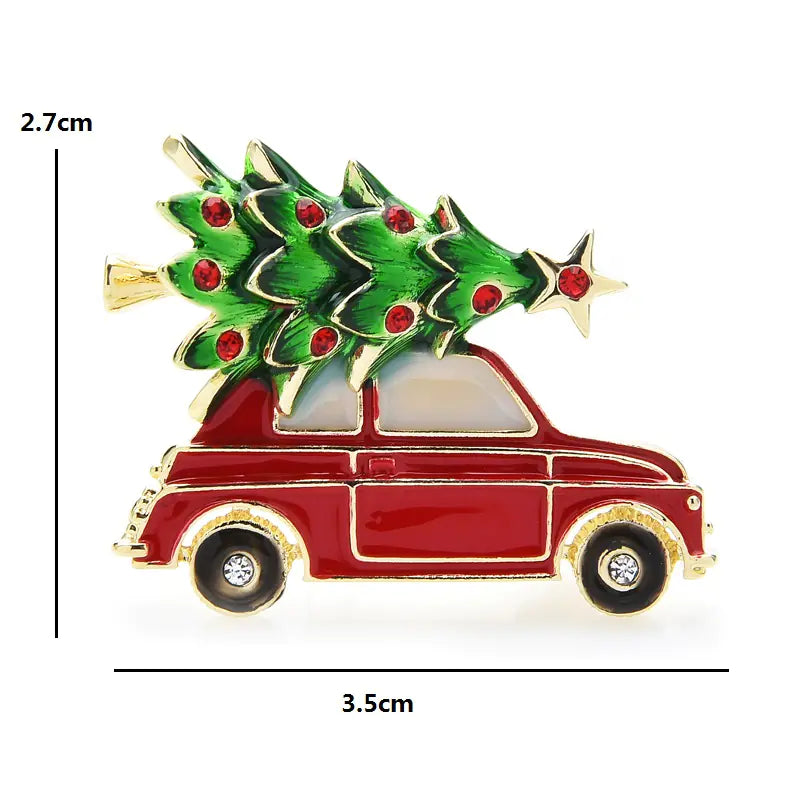 Red Car and Christmas Tree Enamel Brooch for Christmas