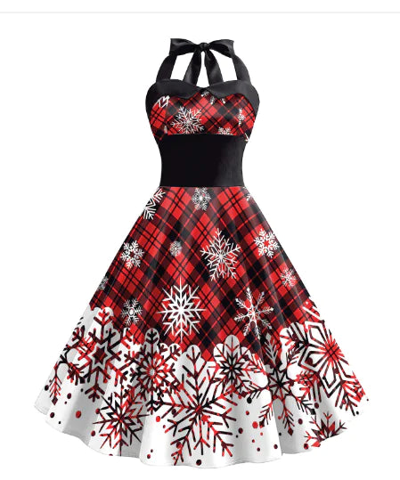 Women's High Waist Dress with Christmas Snowflake Print