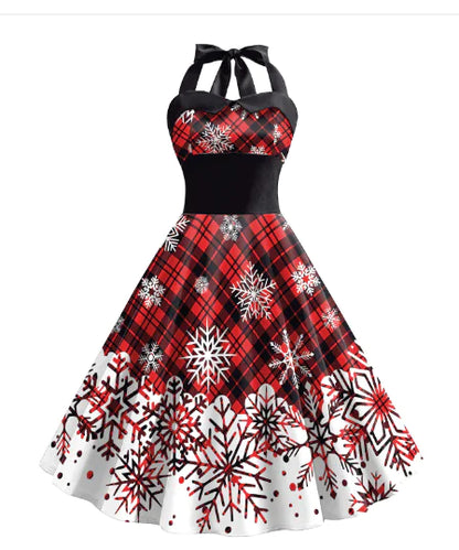 Women's High Waist Dress with Christmas Snowflake Print