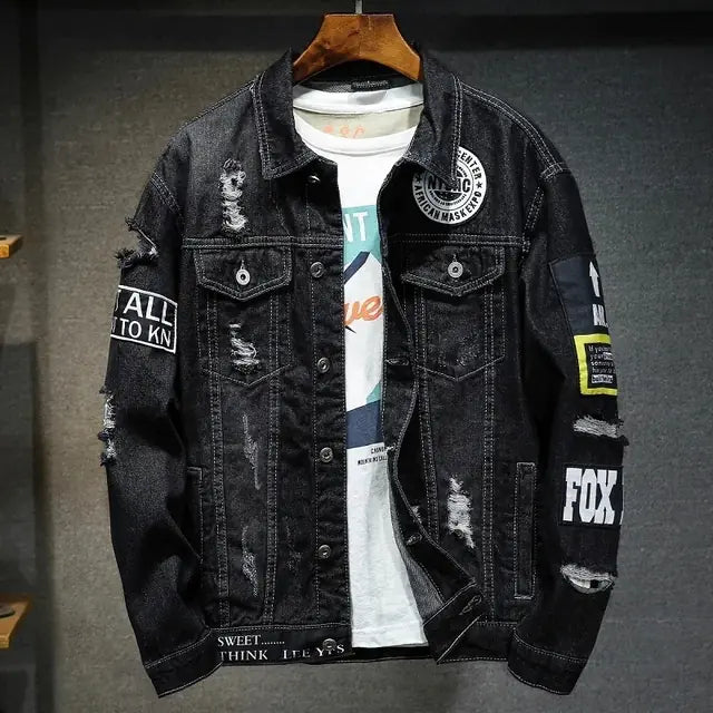 Men's Ripped Denim Jacket - Casual Punk Streetwear Coats