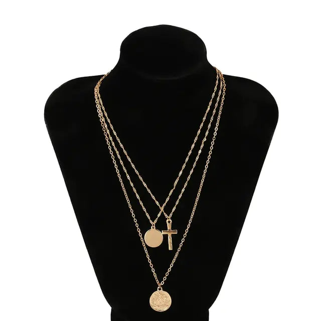 Retro Queen Cross Coin Layered Necklace for Women