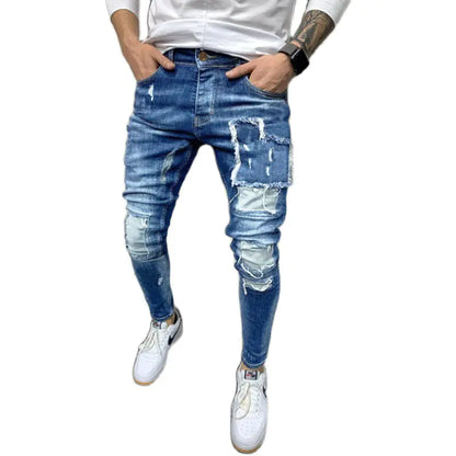 Men's Fashion Ripped Slim Fit Patch Jeans