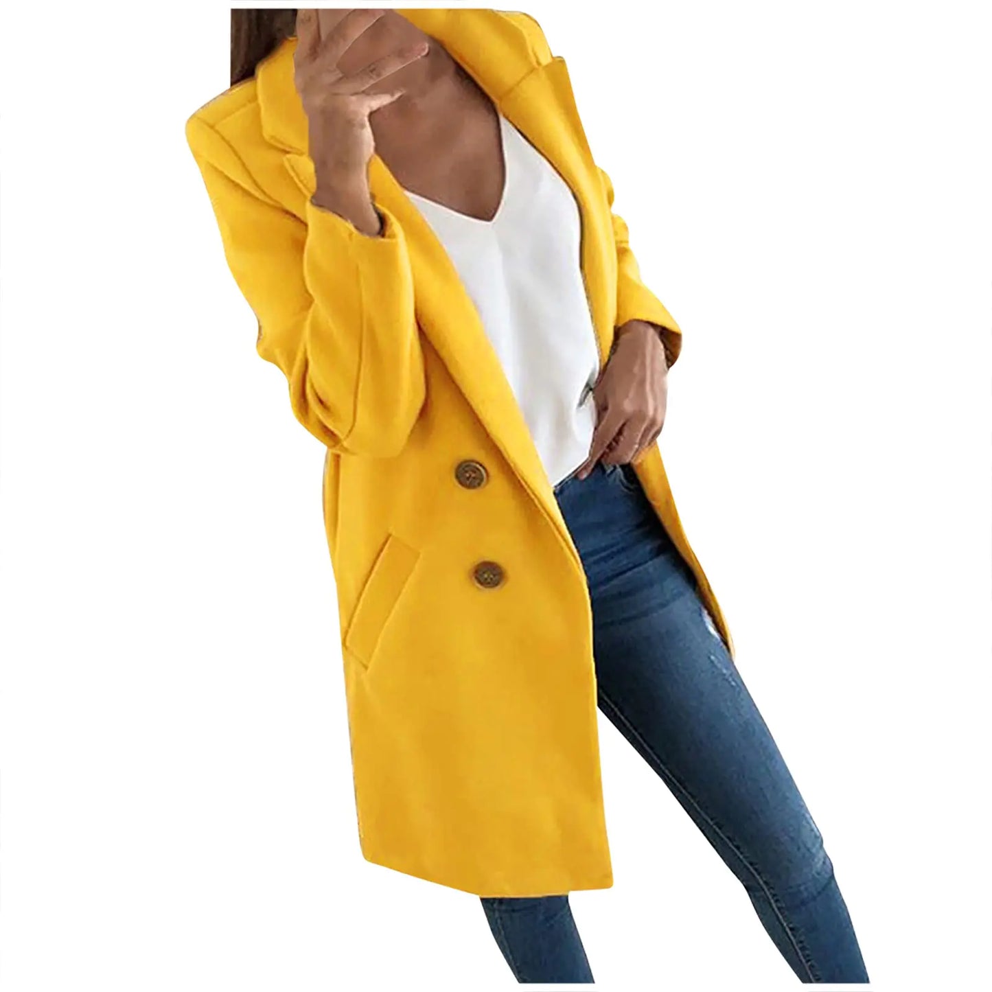 Pea Coats For Women2024 Warm Winter Coats Soft Comfort Double Breasted Jacket Elegant Notch Lapel Coat Solid Color Artificial Wool Long Outerwear A Line With Pockets (C-YellowL)