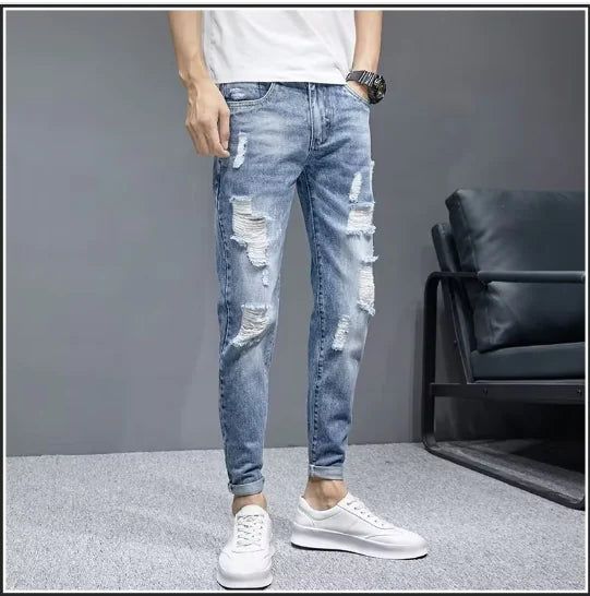 Men's Fashion Ripped Slim Fit Patch Jeans