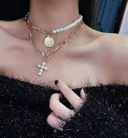 Vintage Coin Pearl Cross Layered Choker Necklace