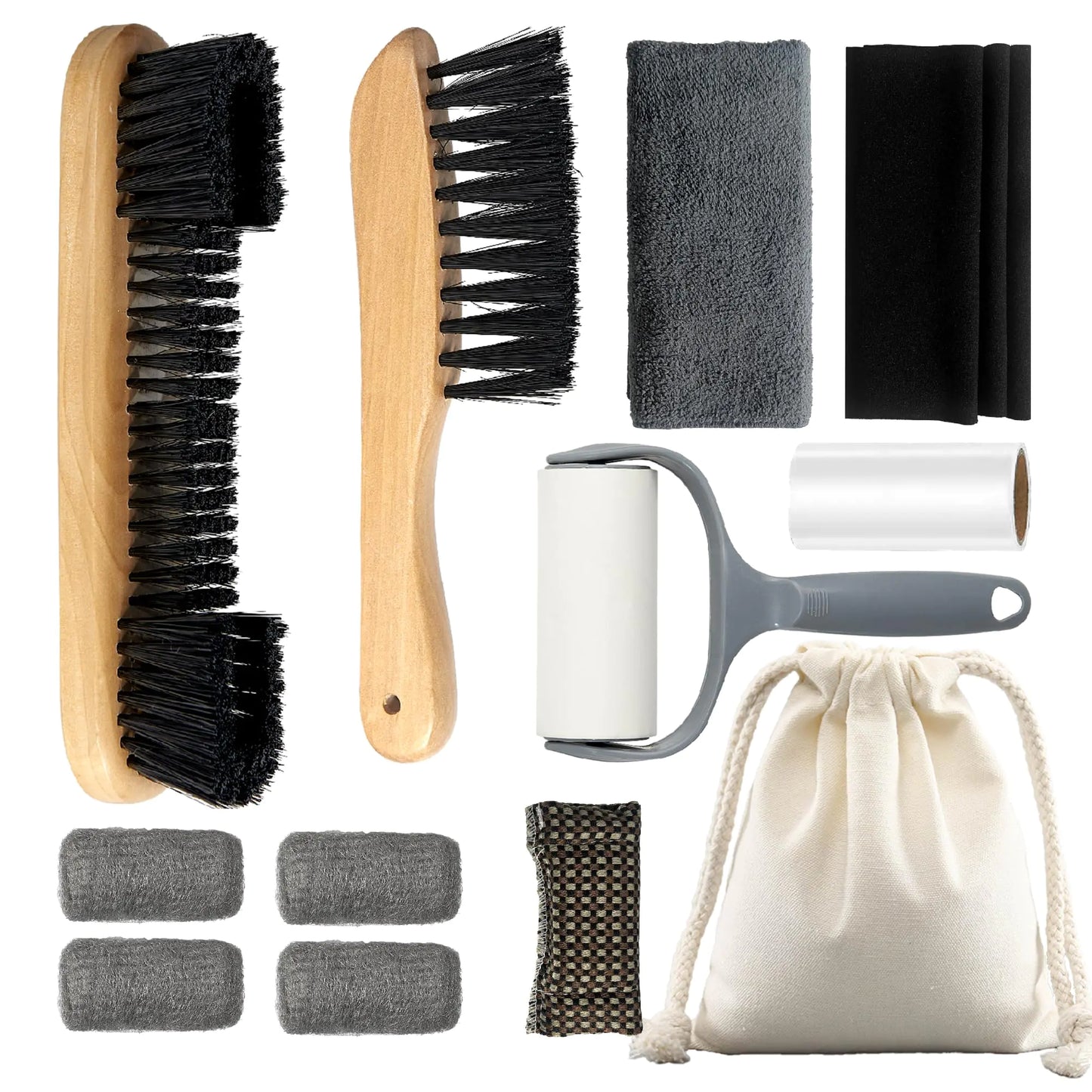 LAKINGO Pool Table Brush Set for Felt Billiard Table Cleaning Accessories with 2 Wood Brush 4 Ferrule Polish Cloths Cue Shaft Cleaner Cloth Sticky Lint Roller Storage Bag (12 Kit)