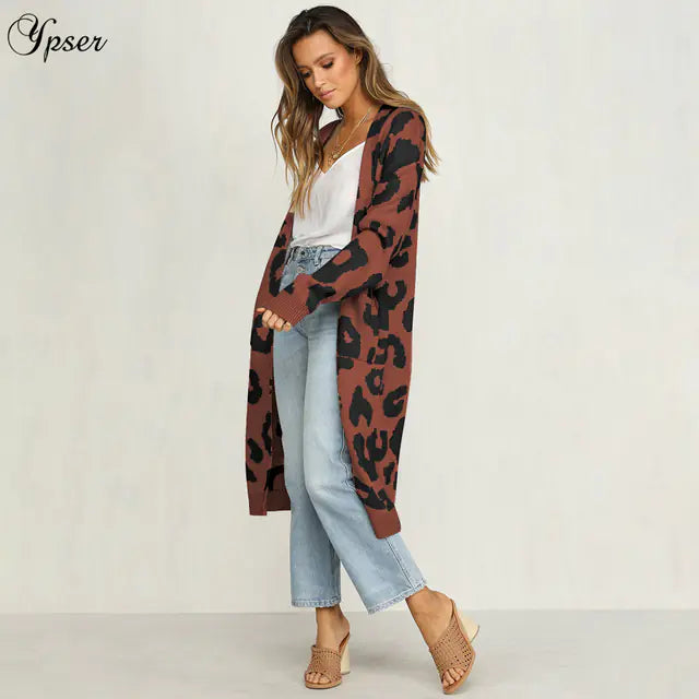 Leopard Print Long Cardigan for Women - Holiday Sweater