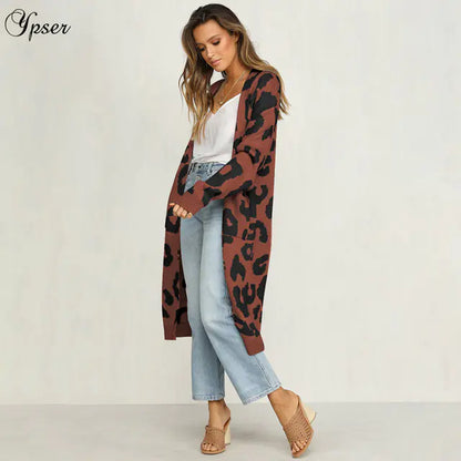 Leopard Print Long Cardigan for Women - Holiday Sweater