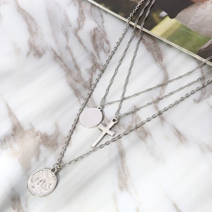 Retro Queen Cross Coin Layered Necklace for Women