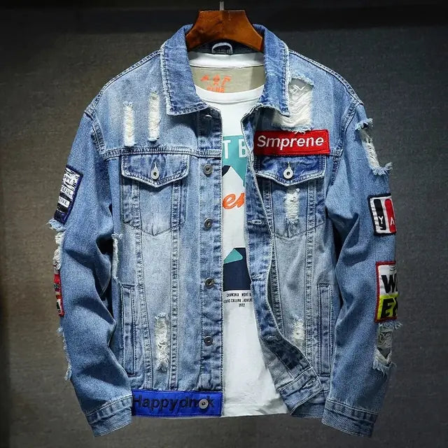 Men's Ripped Denim Jacket - Casual Punk Streetwear Coats
