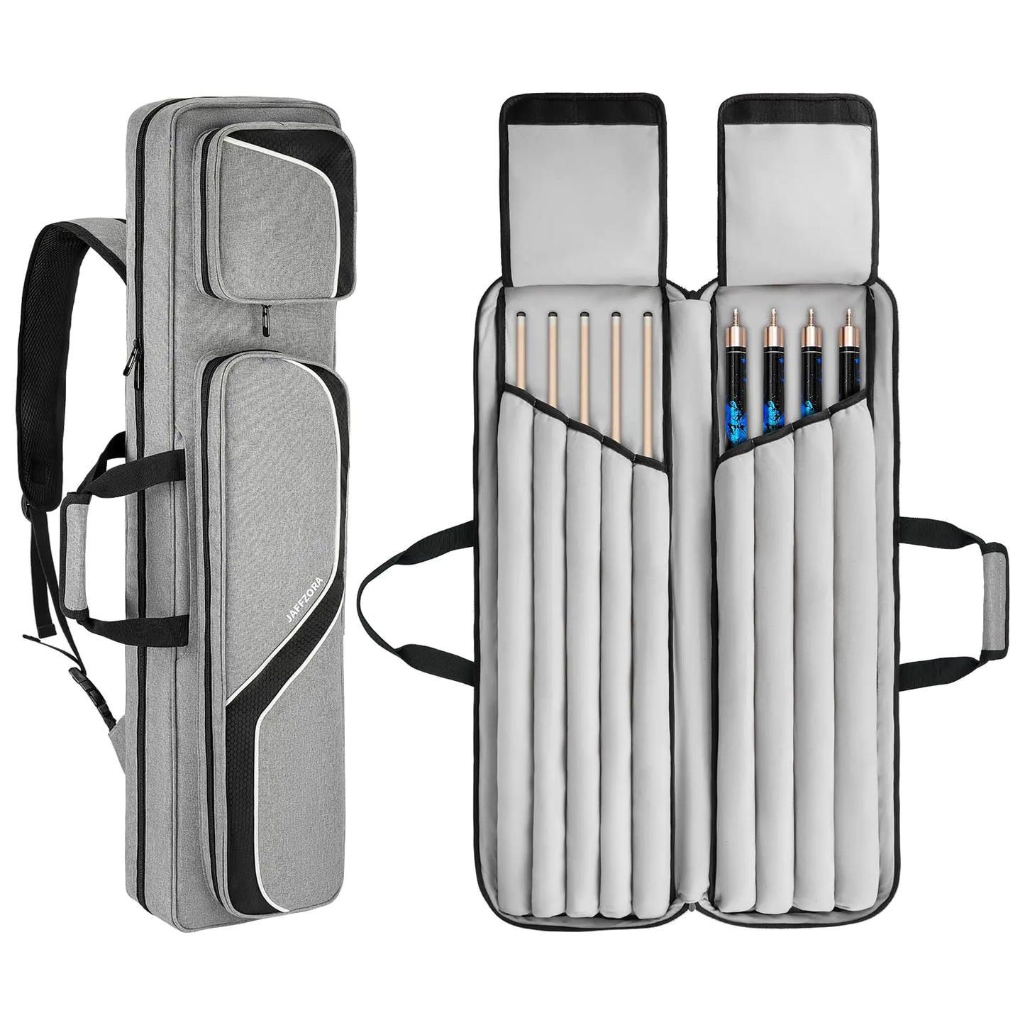 Jaffzora Pool Cue Case 4x5 Pool Stick Carrying Case Holds 4 Butts and 5 Shafts Billiard Cue Bag with 14Pockets and Shoulder Straps Grey (Bag Only)