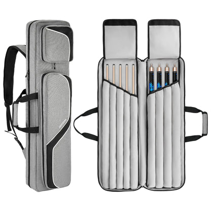 Jaffzora Pool Cue Case 4x5 Pool Stick Carrying Case Holds 4 Butts and 5 Shafts Billiard Cue Bag with 14Pockets and Shoulder Straps Grey (Bag Only)