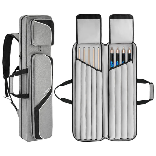 Jaffzora Pool Cue Case 4x5 Pool Stick Carrying Case Holds 4 Butts and 5 Shafts Billiard Cue Bag with 14Pockets and Shoulder Straps Grey (Bag Only)