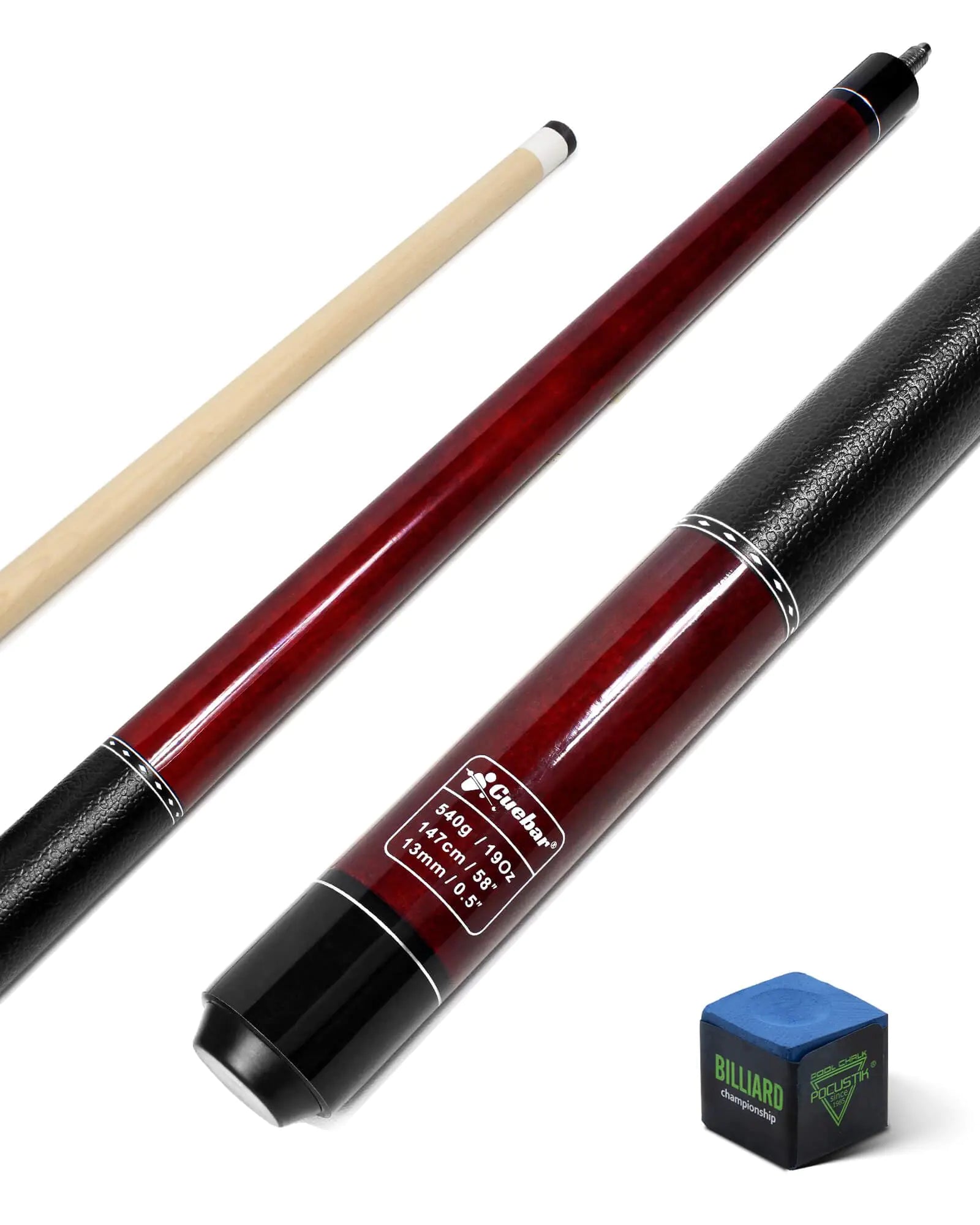 CUEBAR Pool Cue 58 Inch 2-Piece Pool Sticks for Adults House Bar Billiard Cue Stick with Imitation Leather Grip for Men Women - Red19 Oz
