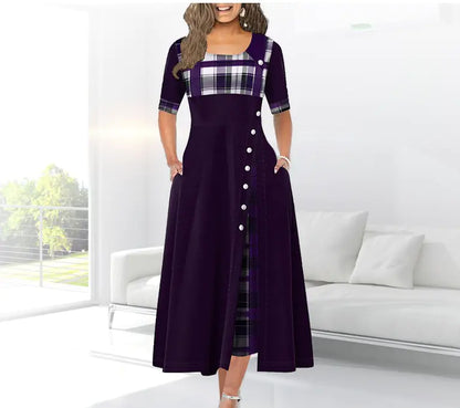 Color Block Midi Dress with Round Neck and Three-Quarter Sleeves
