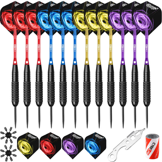CyeeLife Steel tip Darts Set 22g with Aluminium Shafts(4 Colors)+16 Protectors and Flights+Sharpener+Tool12 Packs(4 Sets) for 4 Beginners