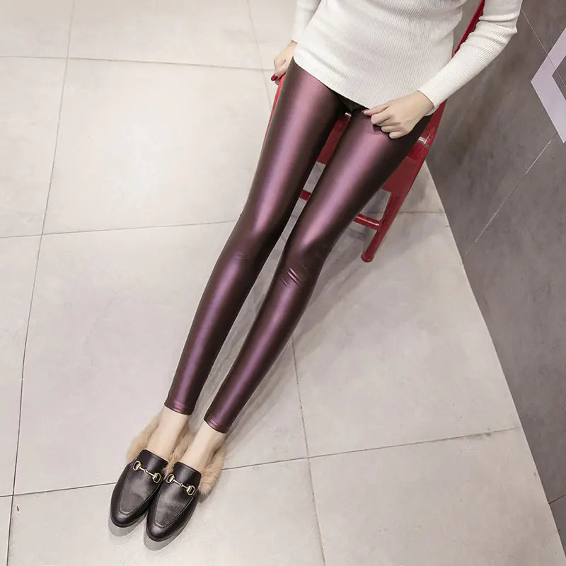 Plush PU Leather Women's Tight-Fitting Pants