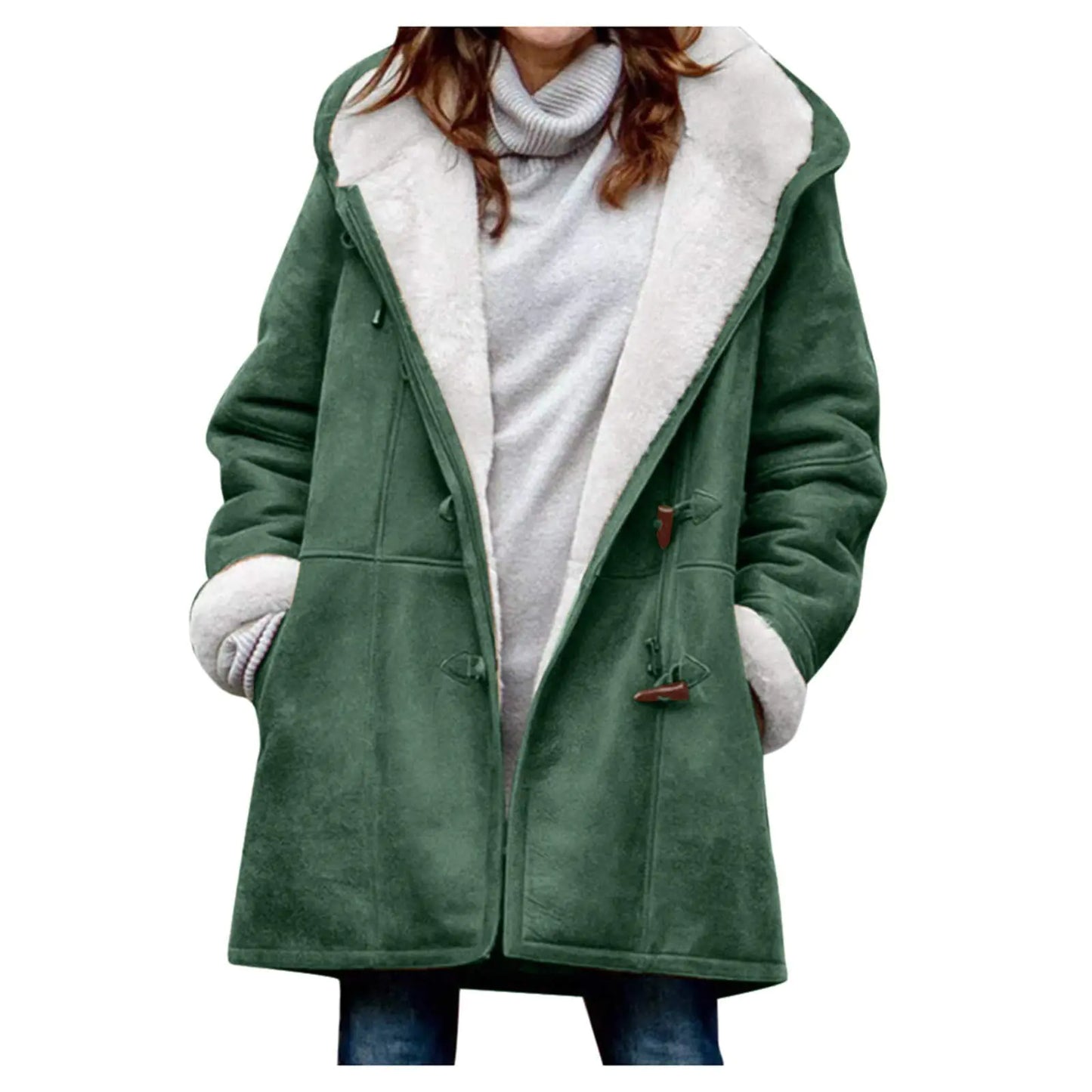 SHAOBGE Womens Winter Coats With Hood Womens Plus Size Winter Coats Warm Sherpa Fleece Lined Distressed Jackets Hooded Parka Faux Suede Pea Coat Outerwear 2024 2-Green Medium