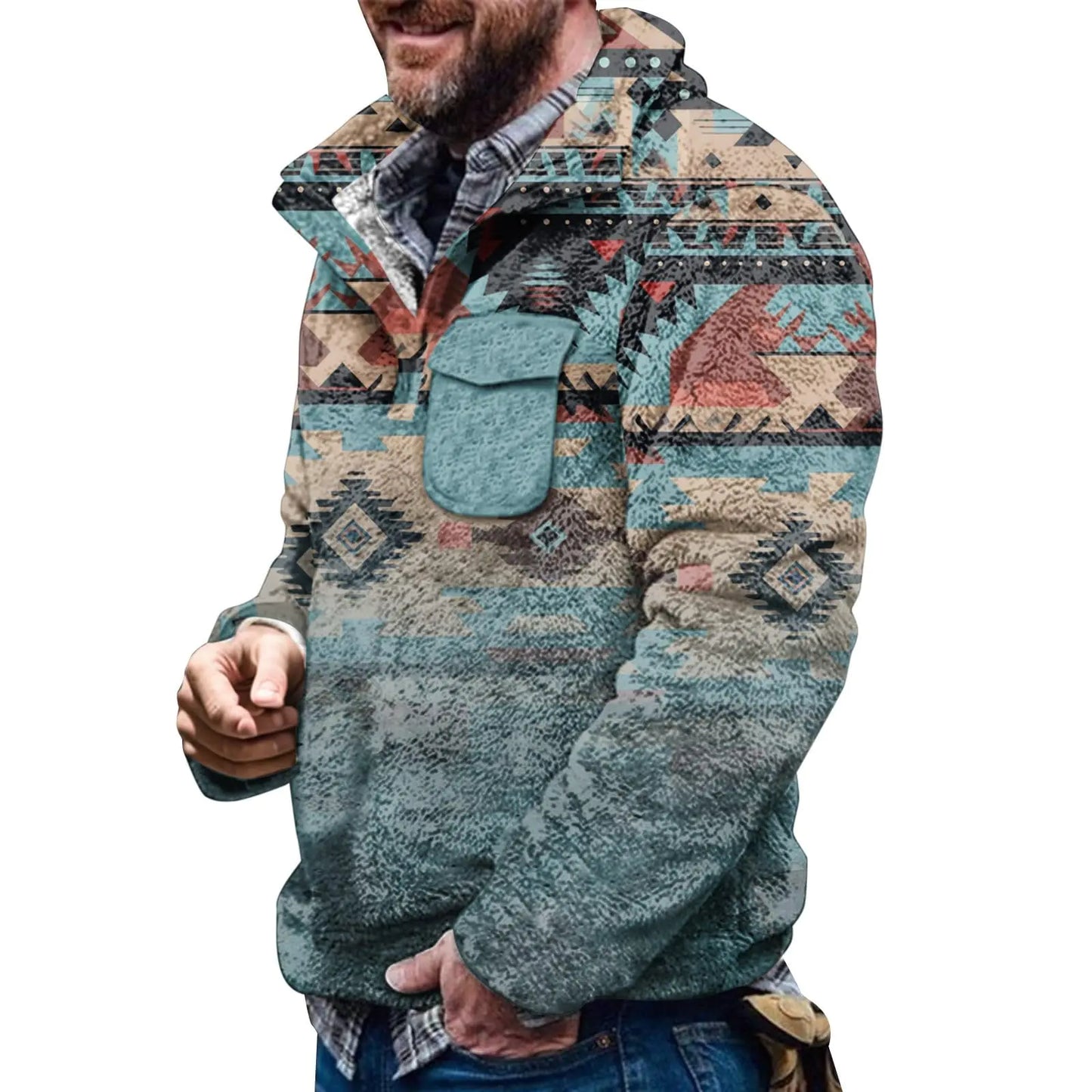 Mens Aztec Fleece Jackets Pullover Sweatshirt Warm Tops Graphic Print Fuzzy Winter Coats Vintage Sweater with Pocket