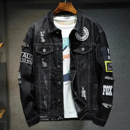 Men's Ripped Denim Jacket - Casual Punk Streetwear Coats