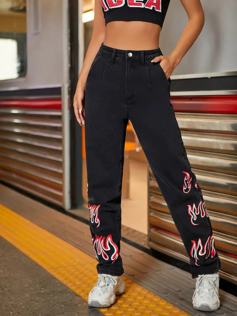 Black High Rise Straight Leg Grunge Denim Jeans for Women