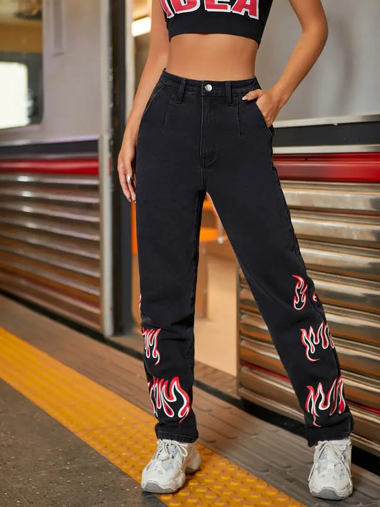 Black High Rise Straight Leg Grunge Denim Jeans for Women