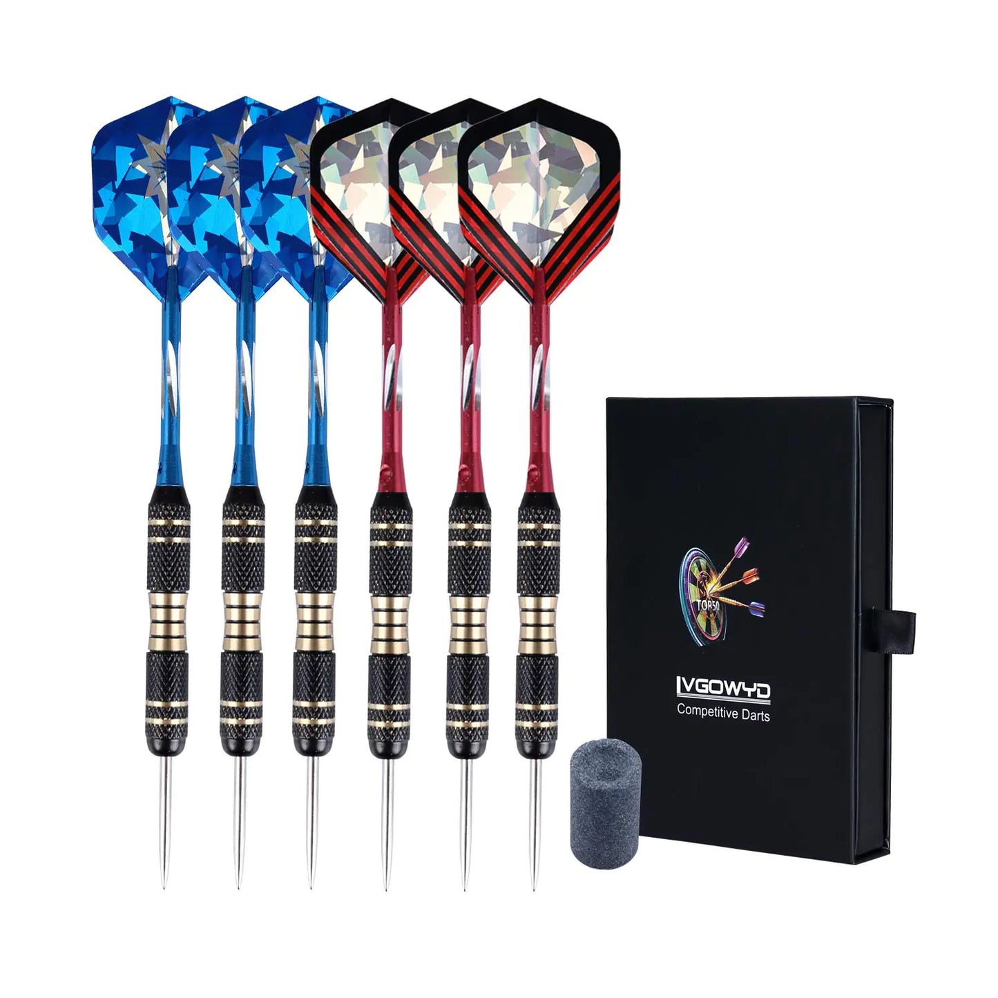 Lvgowyd 6 Pack Steel Tip Darts Set 24 Grams - Professional Metal Darts Tips with Aluminum Shafts Flights + Dart Sharpener + Dart Case (24g+Red+Blue)
