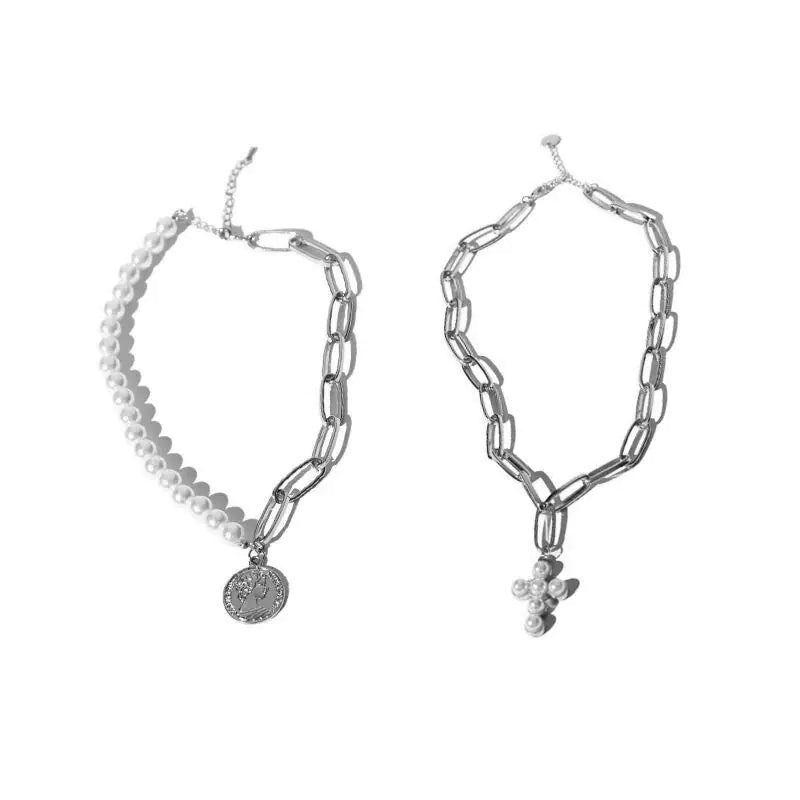 Vintage Coin Pearl Cross Layered Choker Necklace