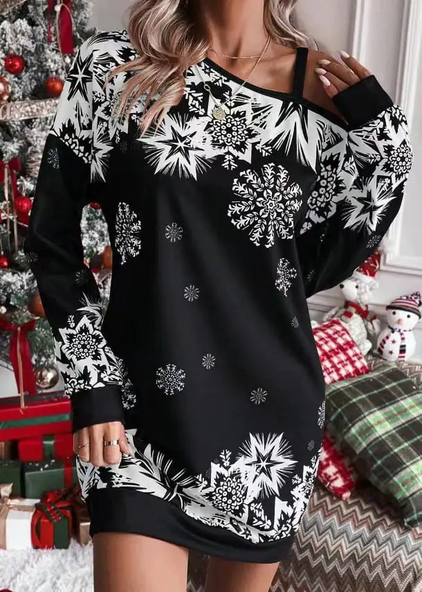 Christmas Snowflake Print Long Sleeve Dress for Women