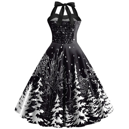 Women's High Waist Dress with Christmas Snowflake Print