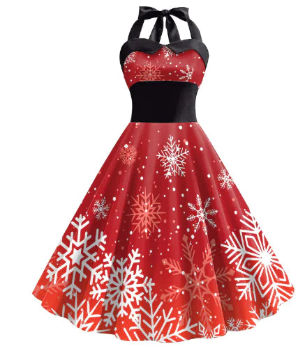Women's High Waist Dress with Christmas Snowflake Print